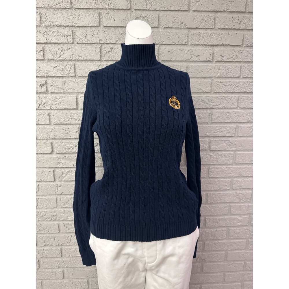 Ralph Lauren Navy Cable Knit Turtleneck Sweater with Gold Crest - Picture 3 of 9
